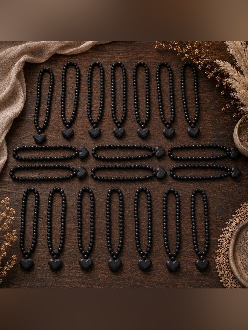 NWOT Set of 20 Black Wooden Heart Beaded Necklaces • 32” Overhead • Party Favors